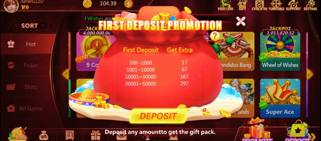 Nova Patti Game first deposit promotion screen showing bonus tiers and deposit button