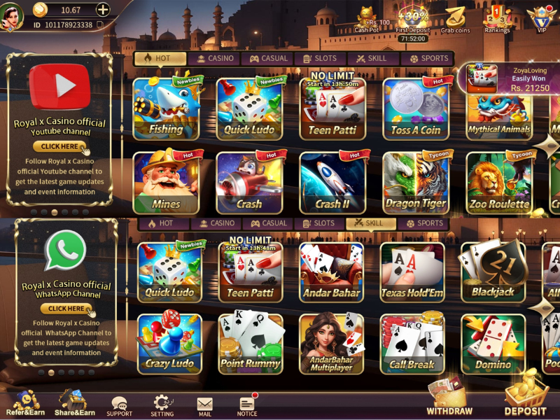 Royal X Casino game lobby showing popular games like Teen Patti, Crash, Blackjack, and Quick Ludo with YouTube and WhatsApp channel info
