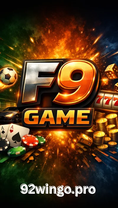 F9 Game promotional banner with casino chips, playing cards, dice, gold coins, sports ball, and 92wingo.pro website link.