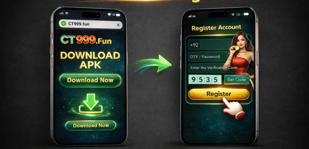 CT999 Game download APK and register account process shown on two mobile screens (2026)