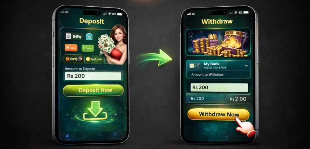 CT999 Game deposit and withdraw process shown on two mobile screens with payment and bank options (2026)
