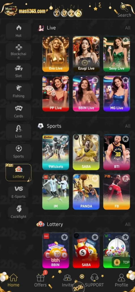 Masti365 live games, sports options, and lottery section with 9Wickets, SABA, BTI, and more (2026)