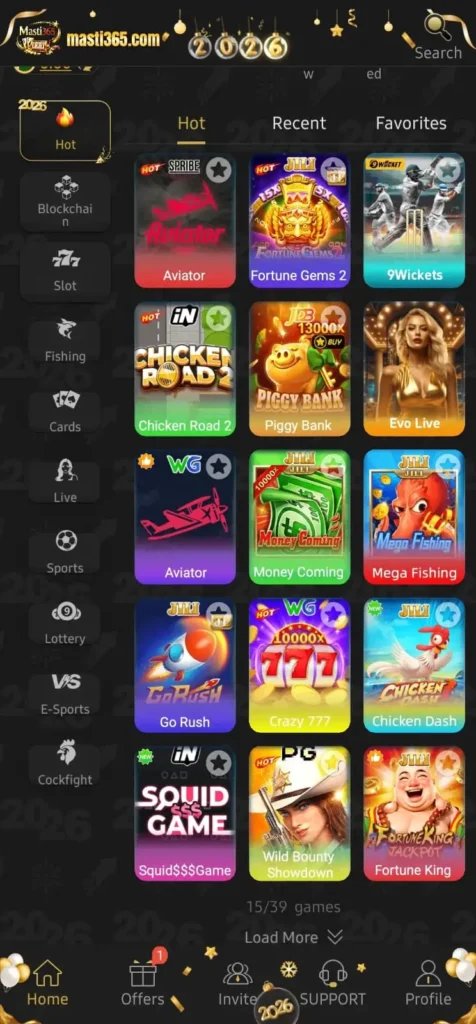 Masti365 hot games list showing Aviator, Fortune Games 2, 9Wickets, Piggy Bank, and more (2026)