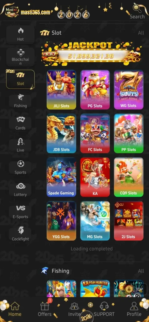 Masti365 slot games section showing JILI, PG, WG, JDB, FC, PP, and other slots (2026)