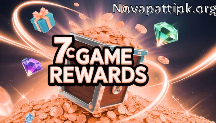 7C Game rewards banner showing treasure box with coins, diamonds, and bonus gifts for online gaming players.